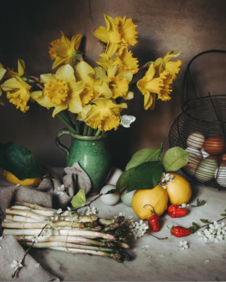 Still Life of Spring, a photograph by Jamie Beck: daffodils in a green pitcher