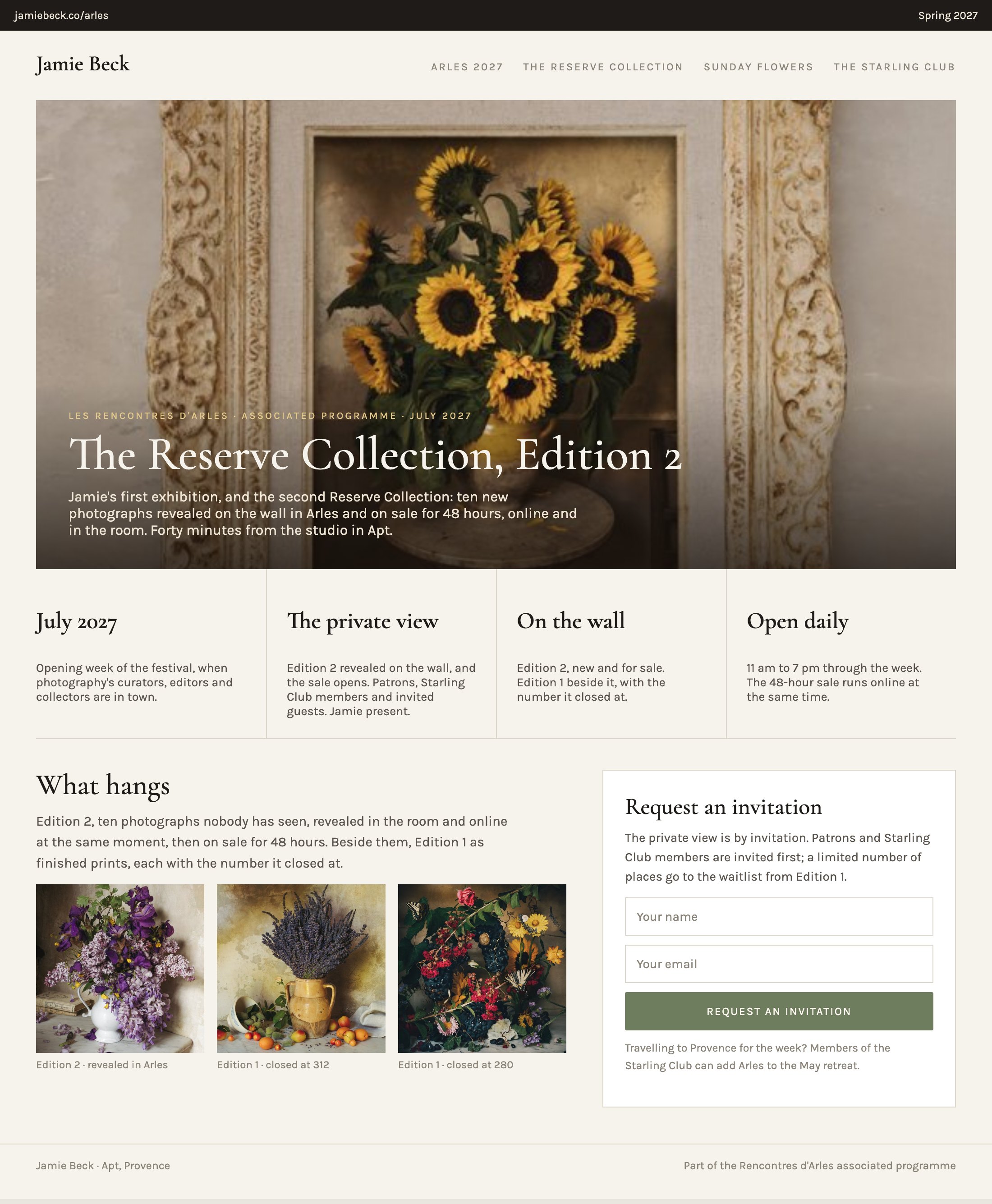 A mock-up of the Arles exhibition page: Jamie Beck in Arles, July 2028, the dates, the private view, what hangs, and a form to request an invitation