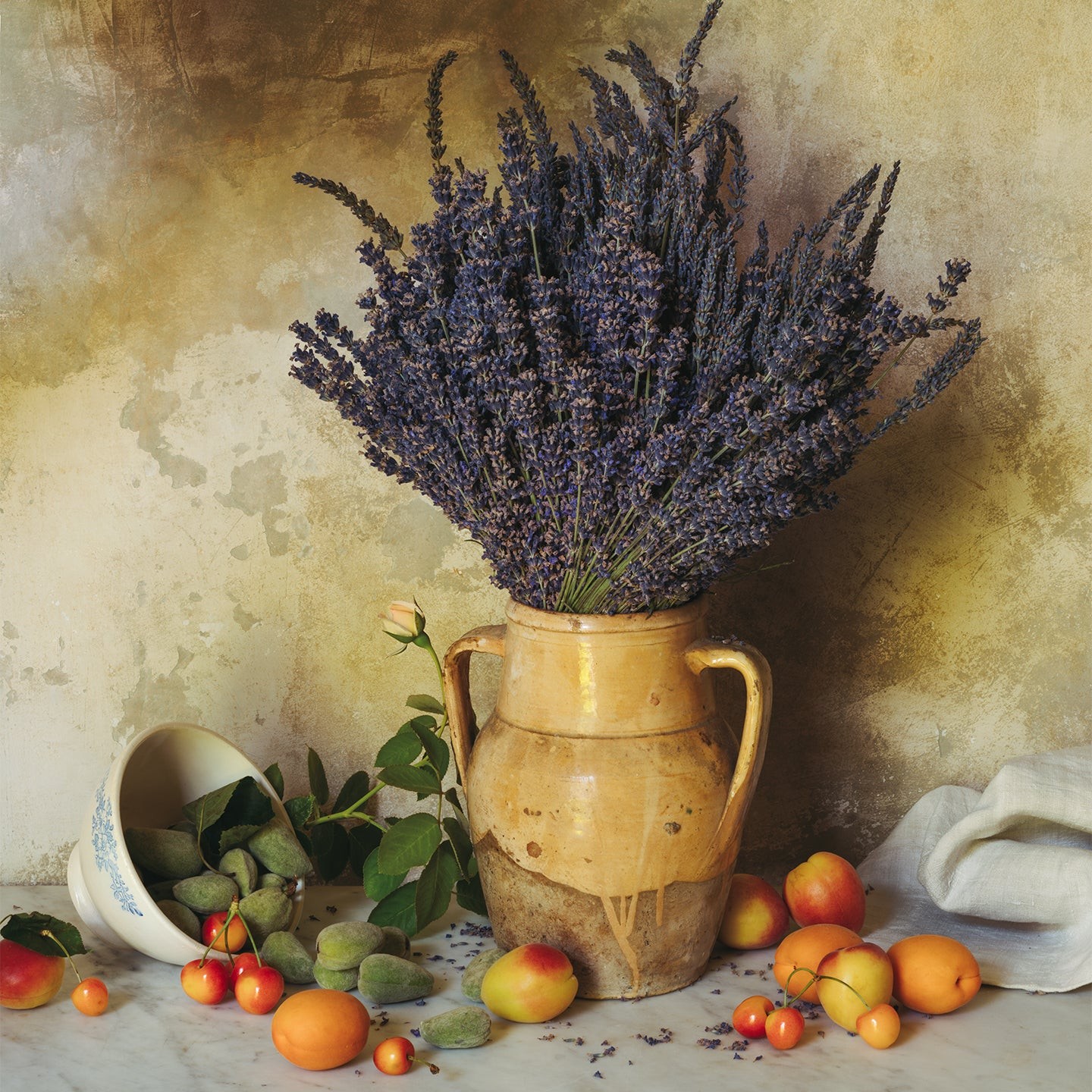 Lavender in a yellow confit jar with apricots and cherries on marble, a photograph by Jamie Beck