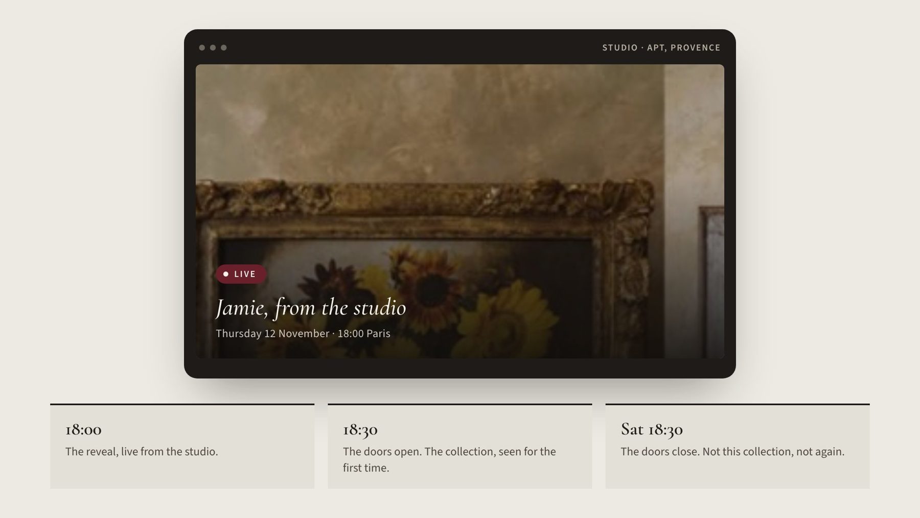 The launch as it will look on screen: Jamie, live from the studio, Thursday 12 November at 6 pm Paris